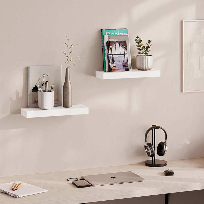 White Veneered 16" Floating Wall Shelves with Invisible Brackets, 2-Pack