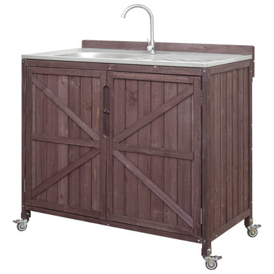 39.4" Outdoor Kitchen Island With Sink, Outdoor Kitchen Sink Station W/ 304 Stainless Steel Sink, Hose Hook Up & Faucet, Outdoor Kitchen Cabinet W/ Back Splash & 4 Wheels For Pizza Prep,Dark Brown