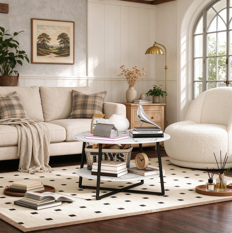 Modern Two Tier Coffee Table Marble-Effect Top for Office & Living Room