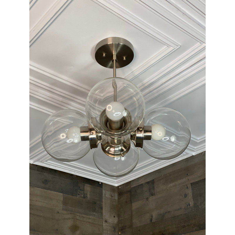 Lustre moderne 5 lumières Mid-Century, Nickel brossé, Transparent