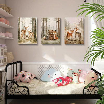 3Pcs Woodland Animal Nursery Canvas Wall Art Wild Animals Forest Paintings Pictures Wall Decor Fox Bear Deer Watercolor Poster Printing Artwork For Boys Room Girls Room Home Decoration 16X24 Canvas