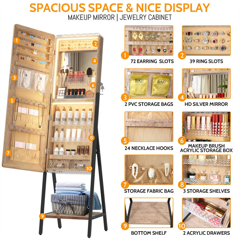 Modern RGB White Wood Jewellery Armoire With Full-Length Mirror - Triple Functionality For Dressing Up, Black
