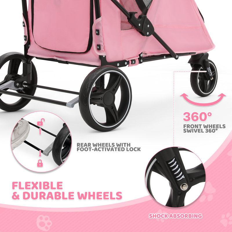 Foldable Pet Stroller for Small & Medium Dogs and Cats 3-Wheel Dog Stroller with 9 Angles Adjustable Handlebar , Pink