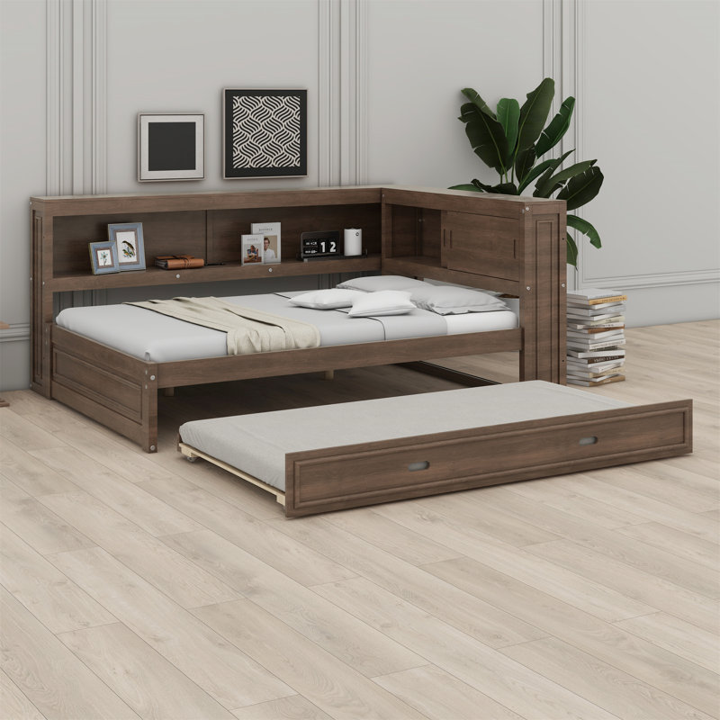 Wood Daybed With Storage Shelves, USB, LED, And Trundle, Antique Wood