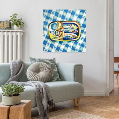 Art mural côtier sardines sur bleu à carreaux