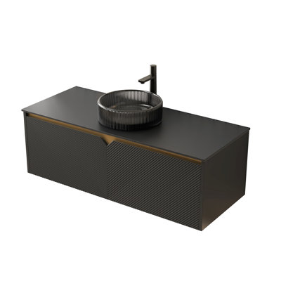 Meuble-lavabo de salle de bain 48 po avec lavabo rond en verre noir transparent, plateau en pierre frittée, armoire en contreplaqué flottant, sergé de bois massif - portes doubles Symmetry et accents métalliques, lavabo à fonction de fermeture en douceur,