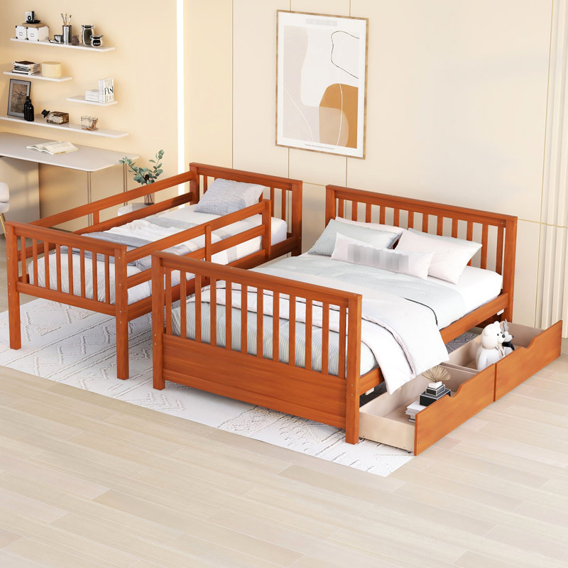 Lit superposé simple avec rangement en noyer, bois massif, Lit double, Walnut