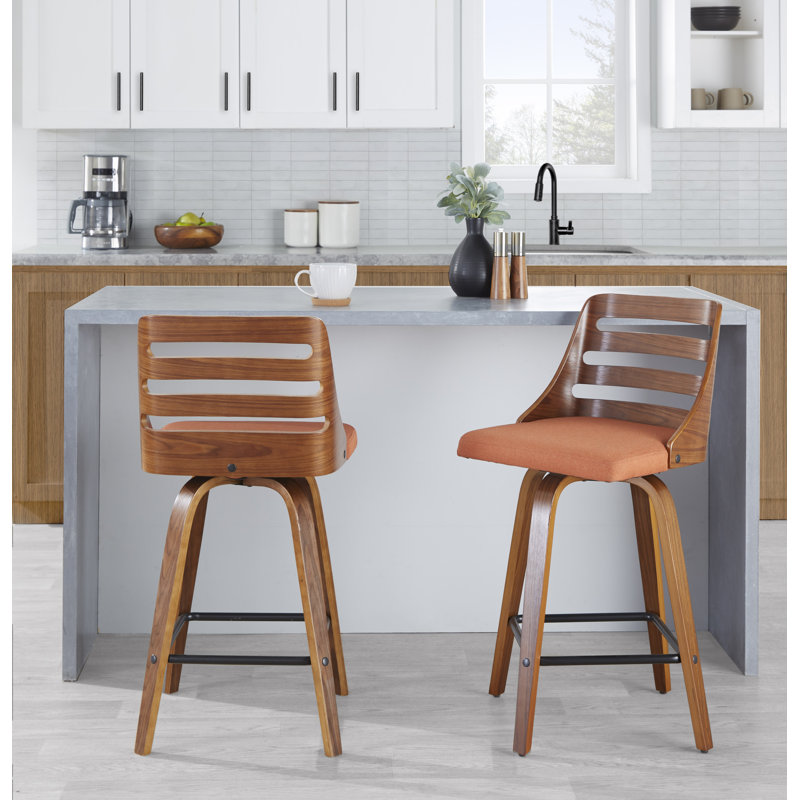 Huitt Upholstered Counter Stools with Bent Wood Legs & Square Footrest, Orange