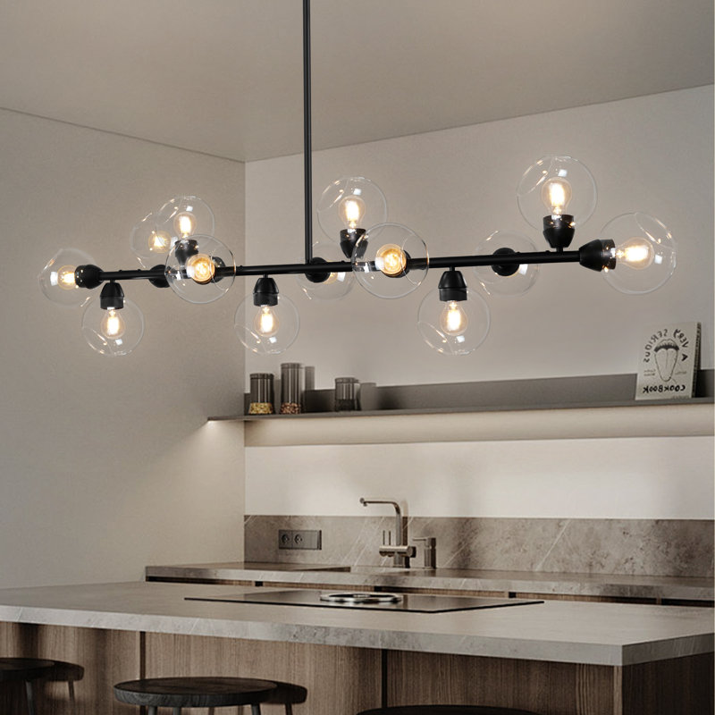  13- Light Dimmable Bubble Glass Sputnik Modern Linear Chandelier, Clear