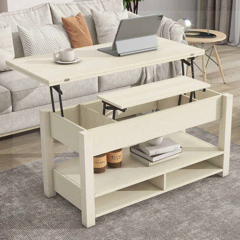 Table basse à plateau relevable, table basse multifonctionnelle avec tablettes ouvertes, Ivoire