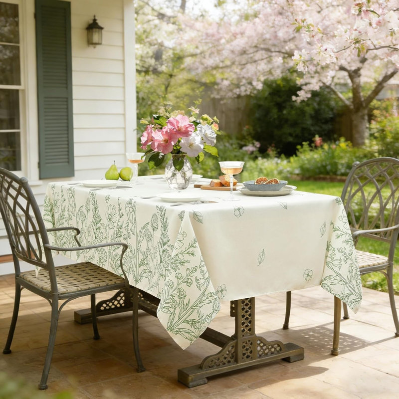 Spring Tablecloth 140x240cm Rectangular Faux Linen Green Botanical Table cloths Large Dining Table Cover,94.5x55 inch
