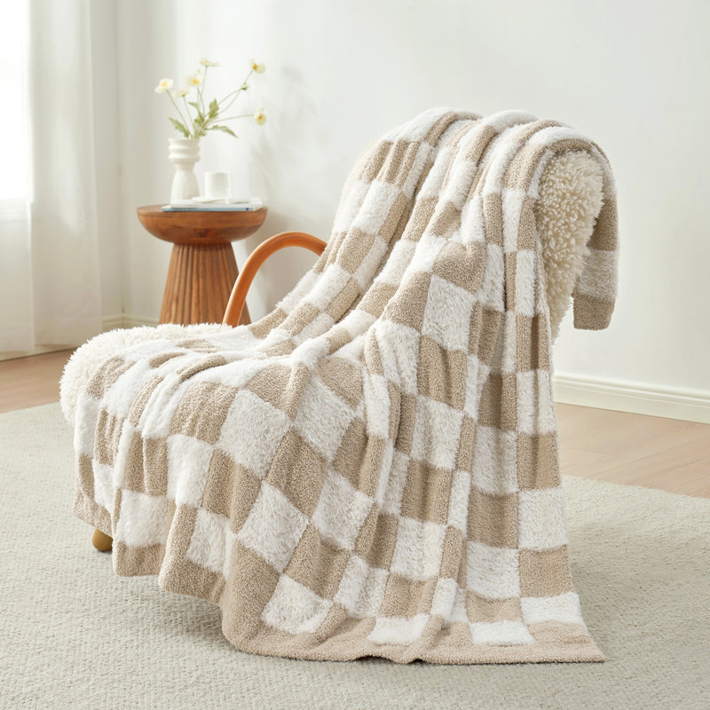 Jeté moelleux en plumes de laine tricoté à carreaux, mélange de fausse fourrure, mélange de couvertures pour canapé ou lit