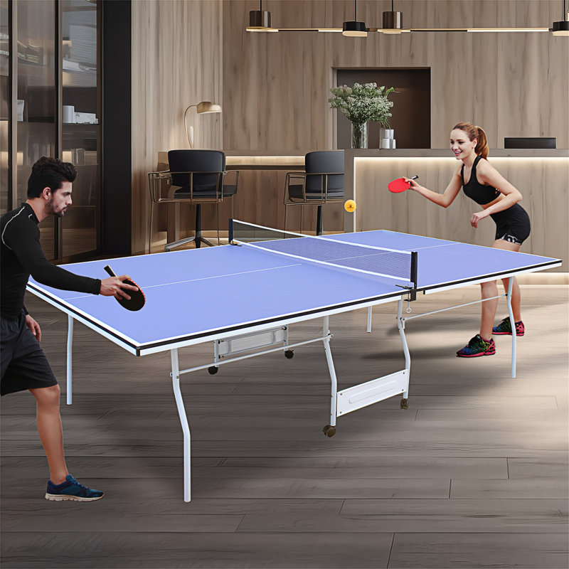 9Ft Mid-Size Table Tennis Table Foldable & Portable Ping Pong Table Set For Indoor Games With Net