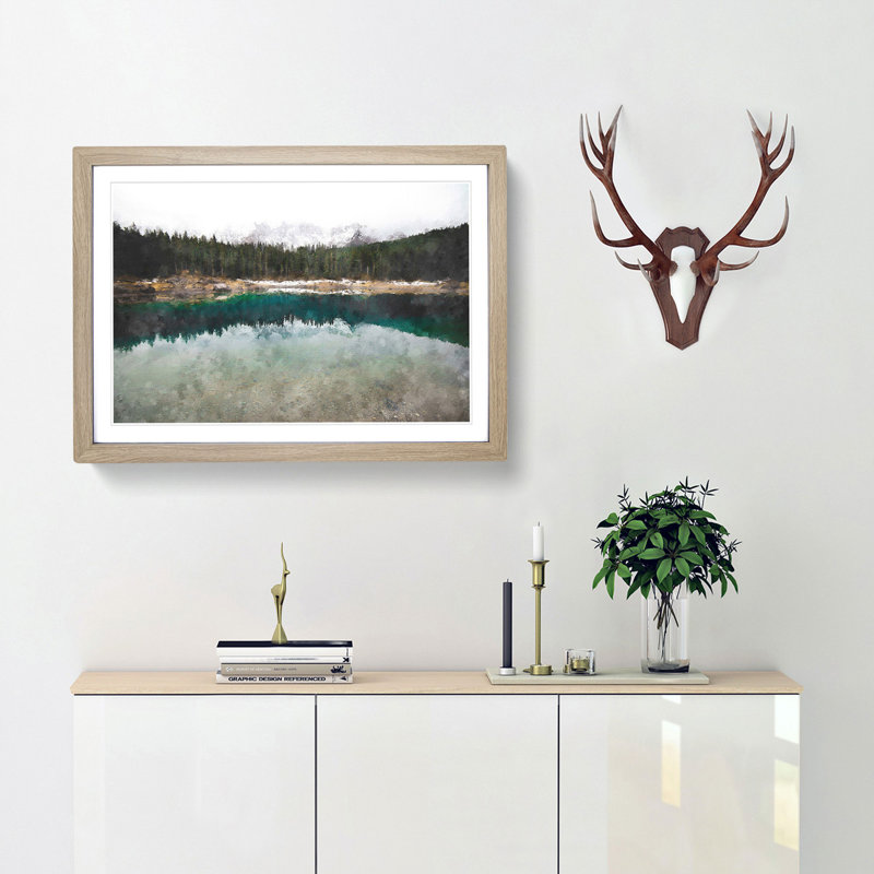Lake of Carezza Nova Levante Italy - Picture Frame Painting Print, Oak Framed, 45cm H x 63cm W x 2cm D