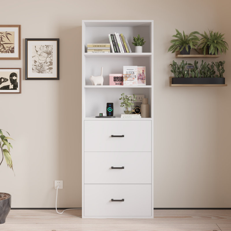 White Display Cabinet Ghore With 3-Layer 3-Drawer And 2 USB 2 Outlet 70.86in.H