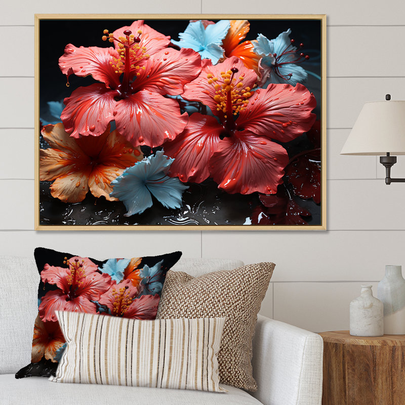 Hibiscus en fleurs sur verre, H 34 po x l 44 po x P 1,5 po, Cadre flottant blanc