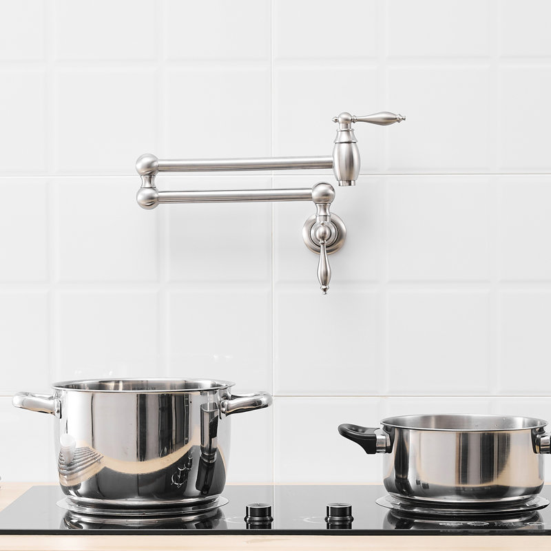 Abubacarr Kitchen Pot Filler, Wall Mounted Commercial Faucet With Double Joint Swing Arms, Brushed Nickel, Brass Construction, Style A, Contemporary Look, Safe And Stable, 360 Rotation Mount Nickel Faucet,
