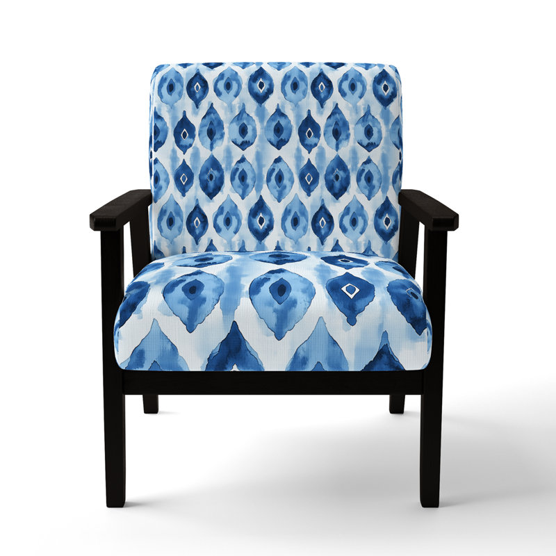 Chaise rembourrée Coastal - Fauteuil bleu Ikat, Accoudoirs carrés noirs