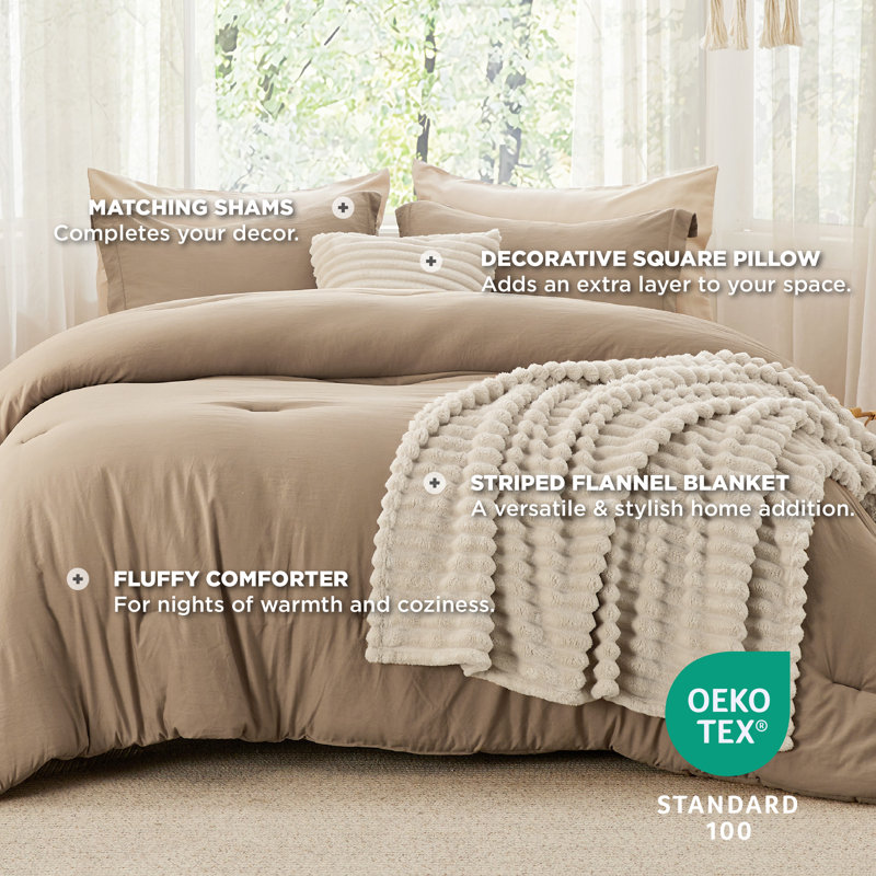 Ensemble d'édredon pour grand lit 5 pièces - lit dans un sac avec jeté en polaire et coussin décoratif, ensembles d'édredon légers, literie toutes saisons, kaki