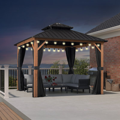 Gazebo PURPLE LEAF 3 m x 3 m avec éclairage, rideaux et moustiquaire, aspect bois | Structure en aluminium renforcé, résistant aux vents de 65 km/h et à 1360 kg de neige, paré pour toutes les conditions climatiques, toit ventilé en acier galvanisé pour une fraîcheur optimale