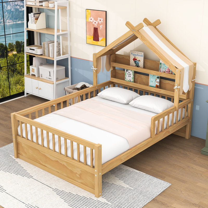 Wood House Bed with Storage Headboard, Natural, Full
