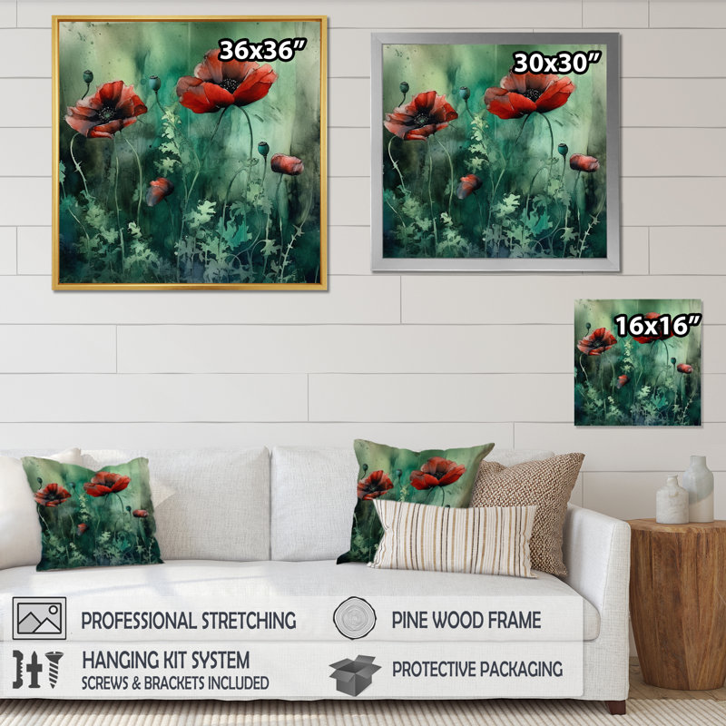 Emerald Vibrant Poppies II, Toile tendue, H 36 po x l 36 po x P 1,5 po