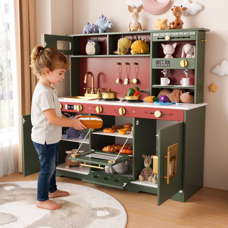 Wooden Play Kitchen For Kids With Realistic Lights & Sounds, Faucet, Oven, Microwave, Fun Accessories, Gift For Ages 3+, Green