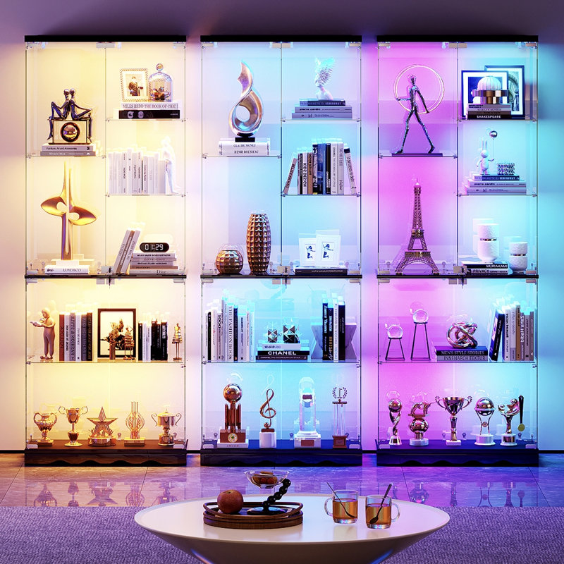 Vitrine en verre trempé avec éclairage RVB, vitrine à plusieurs niveaux avec étagères en verre, capteur de présence.