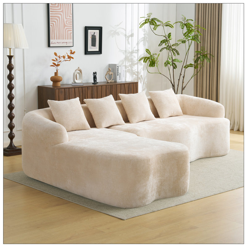 Modular Chenille Boneless Compression L-Shape Sectional Sofa with Curved Chaise, Beige