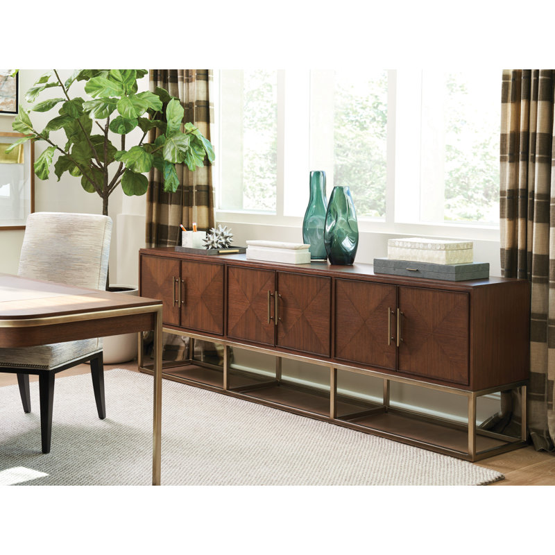 Cameron Long Walnut Media Console with Silver Leaf Base