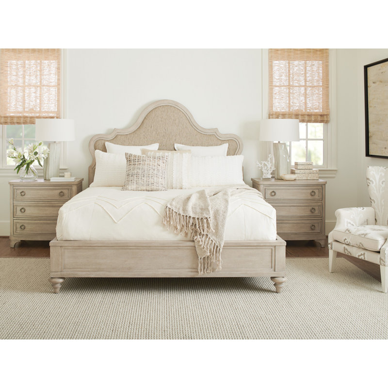 Scandinavian White Washed Wood King Bed with Upholstered Headboard