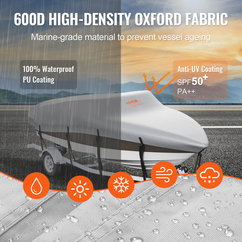 Gray 16-18.5 ft Waterproof Marine-Grade Boat Cover with Motor Cover