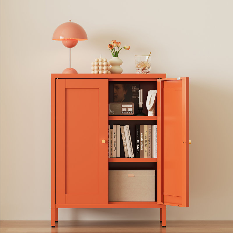 31.5" Tall Metal Side Cabinet with 2 Doors and 2 Adjustable Shelves, Orange
