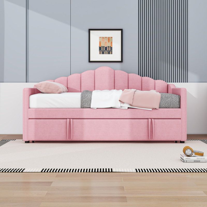Twin Upholstered Daybed with Trundle, USB, Type-C Charging Ports and Side Pockets, Pink