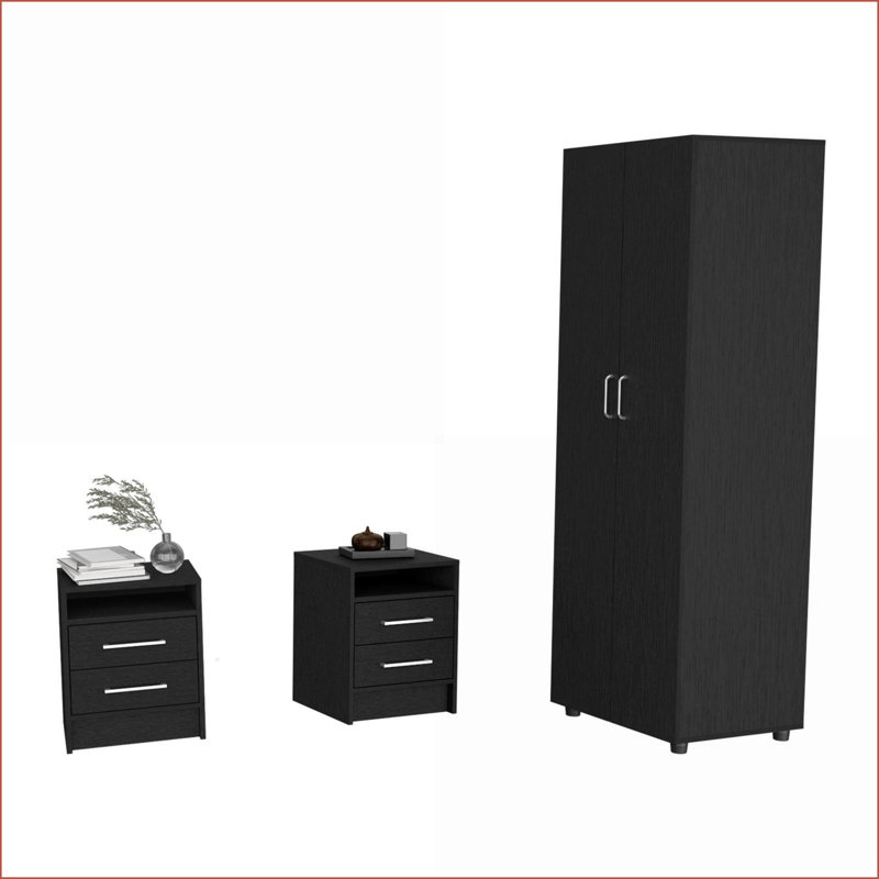Ensemble de chambre à coucher 3 pièces: armoire + 2 tables de chevet | Noir | Panneau de particules | Bachelor Commodes