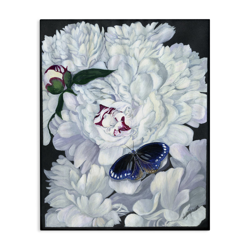 Art mural rétro sur toile pivoine et papillon par Ann Jasperson, H 30 po x l 24 po
