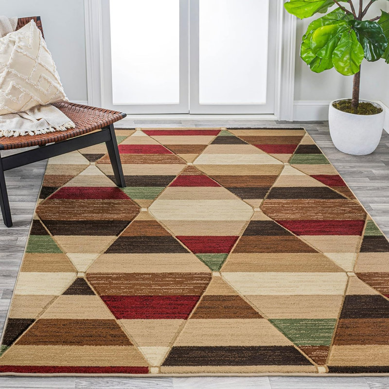 Retro Geometric Rug 5' x 7' for Family Room, Multicolor Brown Red