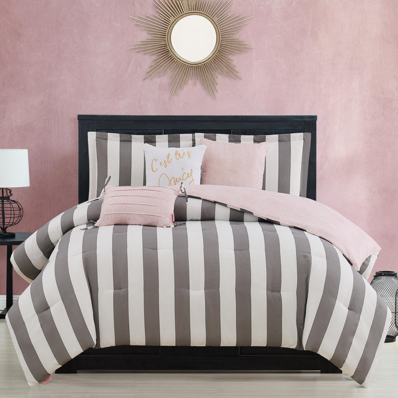 Juicy Couture Cabana Stripe Comforter Sets, King Comforter + 2 Shams + 3 Throw Pillows, Gray/White