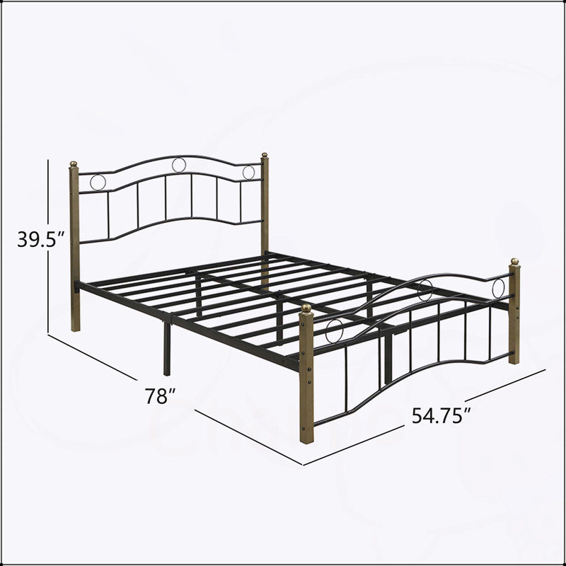 Lit double en métal avec tête et pied de lit ondulé, noir et doré, combinant design classique et moderne, Double