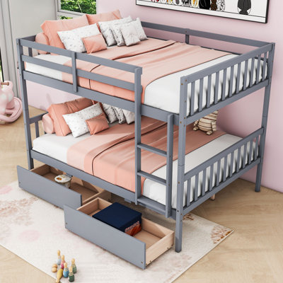 Full Over Full Wood Bunk Bed With Drawers, Guardrails And Ladder