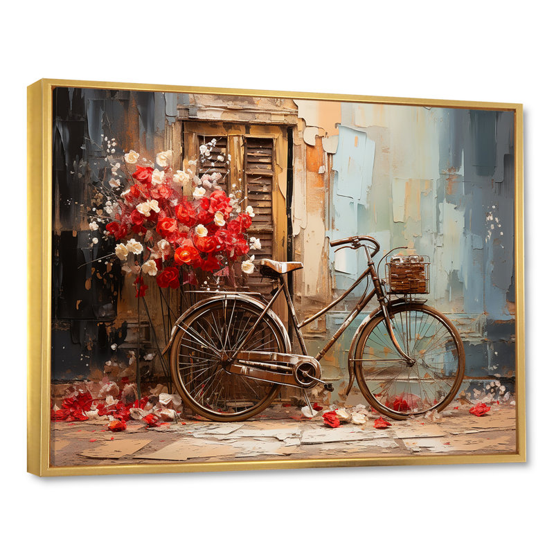 «Crimson Ride Red Flowers - Vélo, art mural», H 24 po x l 32 po x P 1 po, Cadre flottant doré