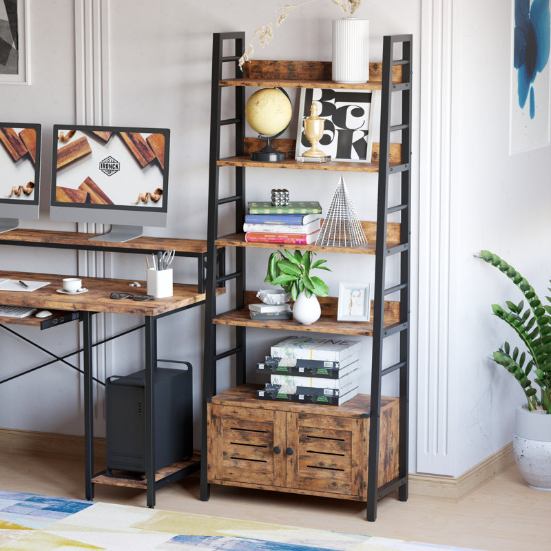 Kyesha Bookshelf With Louvered Doors, Ladder Shelf With Cabinet Industrial Accent Furniture For Bedroom Living Room Home Office, Rustic Brown