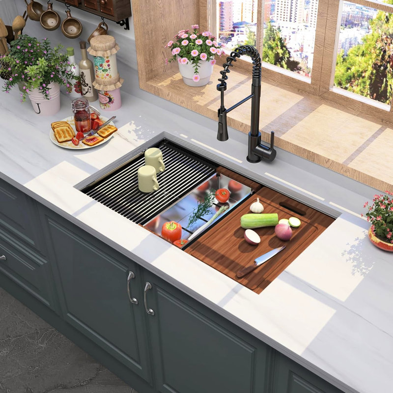 Évier de cuisine encastrable 32 pouces noir en acier inoxydable de calibre 16, profondeur 10, avec rail avant et arrière pour économiser de l'espace, évier rapide en noir, cuve simple interchangeable