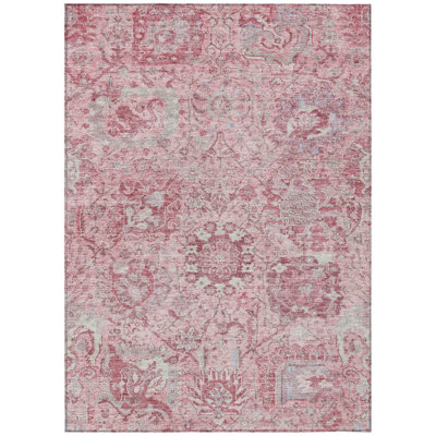 8' X 10' Pink And Gray Damask Washable Indoor Outdoor Area Rug