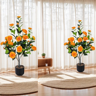 2 arbres artificiels de camélia de 3 pi, 2 artificiels arbre de camélia artificiel, 2 plantes artificielles en pot de ciment, plante en pot pour la décoration intérieure et extérieure du porche