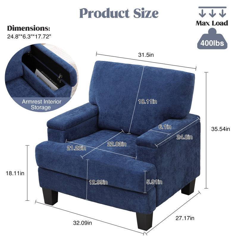 Fauteuil rembourré avec rangement intérieur pour accoudoirs, Bleu