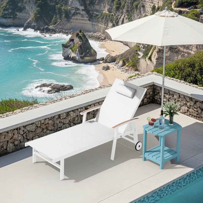 Outdoor Patio Adjustale Chaise Lounge Chair With Wheels And Armrests, White
