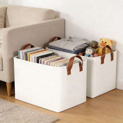 Fabric Storage Baskets With Leather Handles For Organization, Sturdy Metal Frame And Fiberboard Bottom, Versatile Shelf And Closet Organizer Bins, 4-Pack