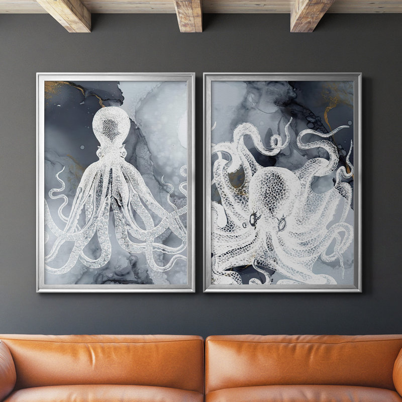 Octopus Ink I - ensemble de 2 reproductions d'art sur toile encadrées, Argent, H 30,5 po x l 45 po x P 1,25 po
