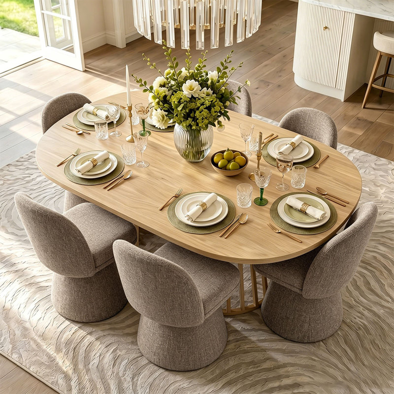 6 - Person Dining Table Sets With Extendabe Oval Table & 6 Upholstered Tweed Swivel Chairs, Brown